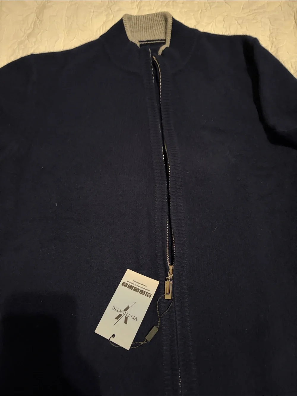 Full-Zip Navy Men's Sweater with Light Gray Contrast Trim